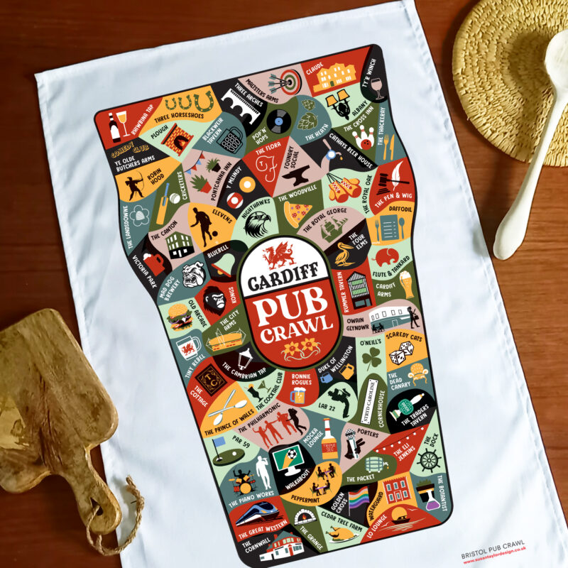 Cardiff Wales Pub crawl tea towel