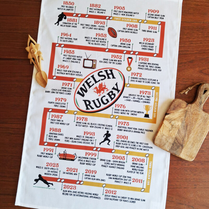 Welsh rugby historical timeline tea towel